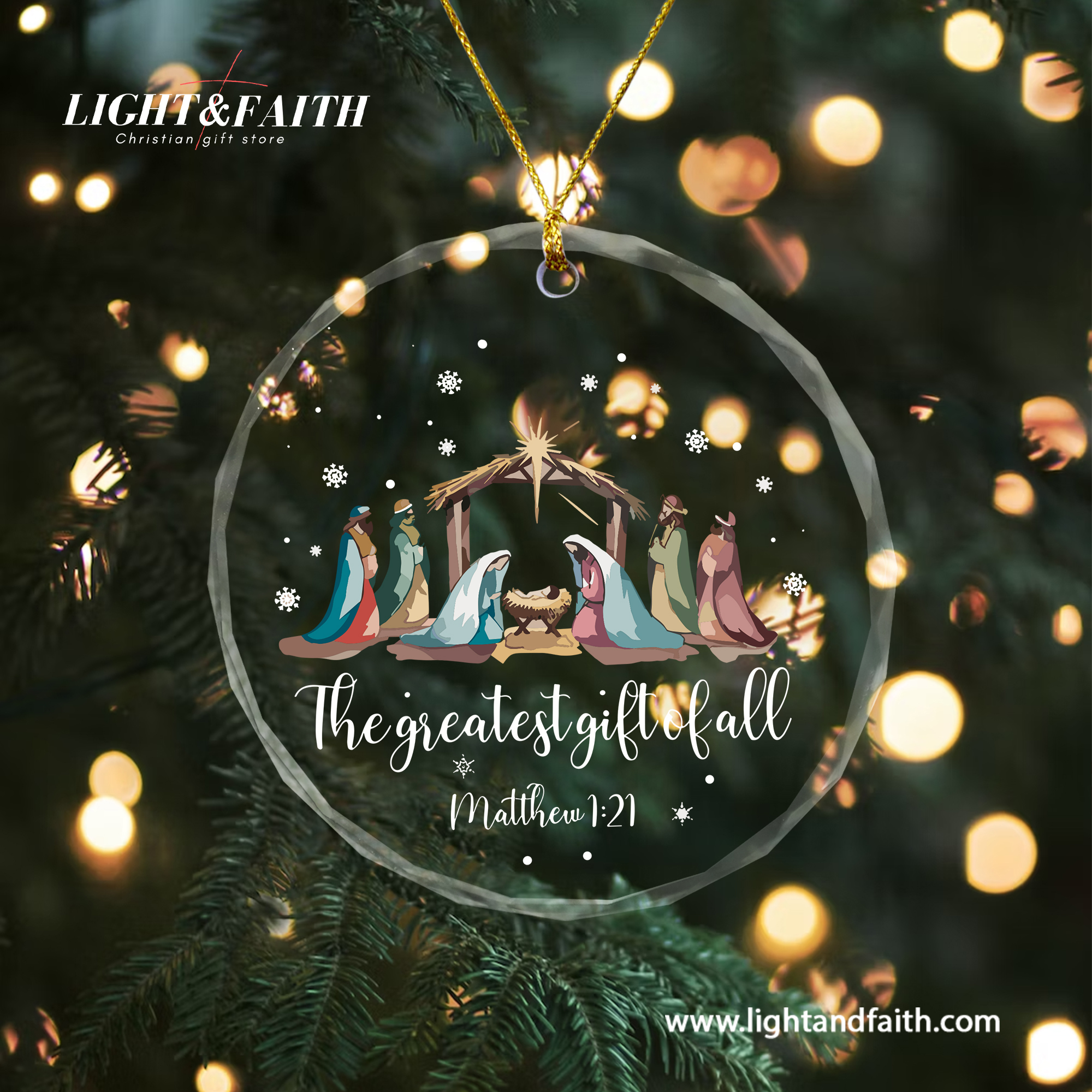 The Greatest Gift of All Glass Ornament, Matthew 1:21 Nativity Scene Ornament, Holy Family Christmas Decor, Christian Faith Gift, Religious Tree Decoration DCLAF56